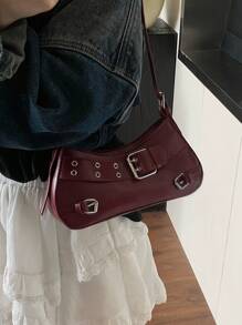 1件 Y2K 哥特风时尚铆钉装饰复古方块装饰女士单肩包，适合日常出行，完美搭配音乐节，摇滚风女包，2000 年代时尚女包 - 酒紅色 - 查看 4