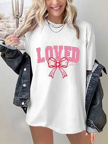 蝴蝶结“LOVE”字母图案印花短袖圆领休闲 T 恤，百搭，适合女性，夏季和春季