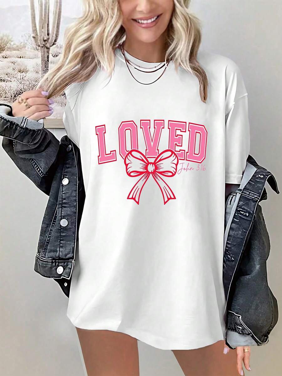 蝴蝶结“LOVE”字母图案印花短袖圆领休闲 T 恤，百搭，适合女性，夏季和春季