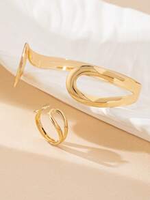 1 Set Geometric Hollow Open Bangle And Open Ring Vintage Elegant Lady Bracelet And Ring Set - Yellow Gold - View 2