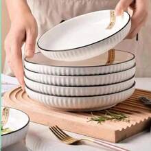 1pc/2pcs Japanese Style Ceramic Vertical Stripe Plate, Thick Tableware Dish, Dining Plate For Home Use - Black and White - View 6