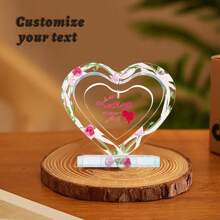 1pc Personalized Acrylic Desktop Decor, Transparent Hollow Heart & Floral Pattern, Customizable Text, Unique Commemorative Gift, Desk Decoration, For Lovers, Family, Friends