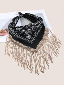 1buc Damă Casual Negru/Alb Motiv Paisley Auriu Paiete Ciucuri Bandana Eșarfă pătrată, Potrivită pentru călătorii, în aer liber și ținute zilnice, toamna de iarnă