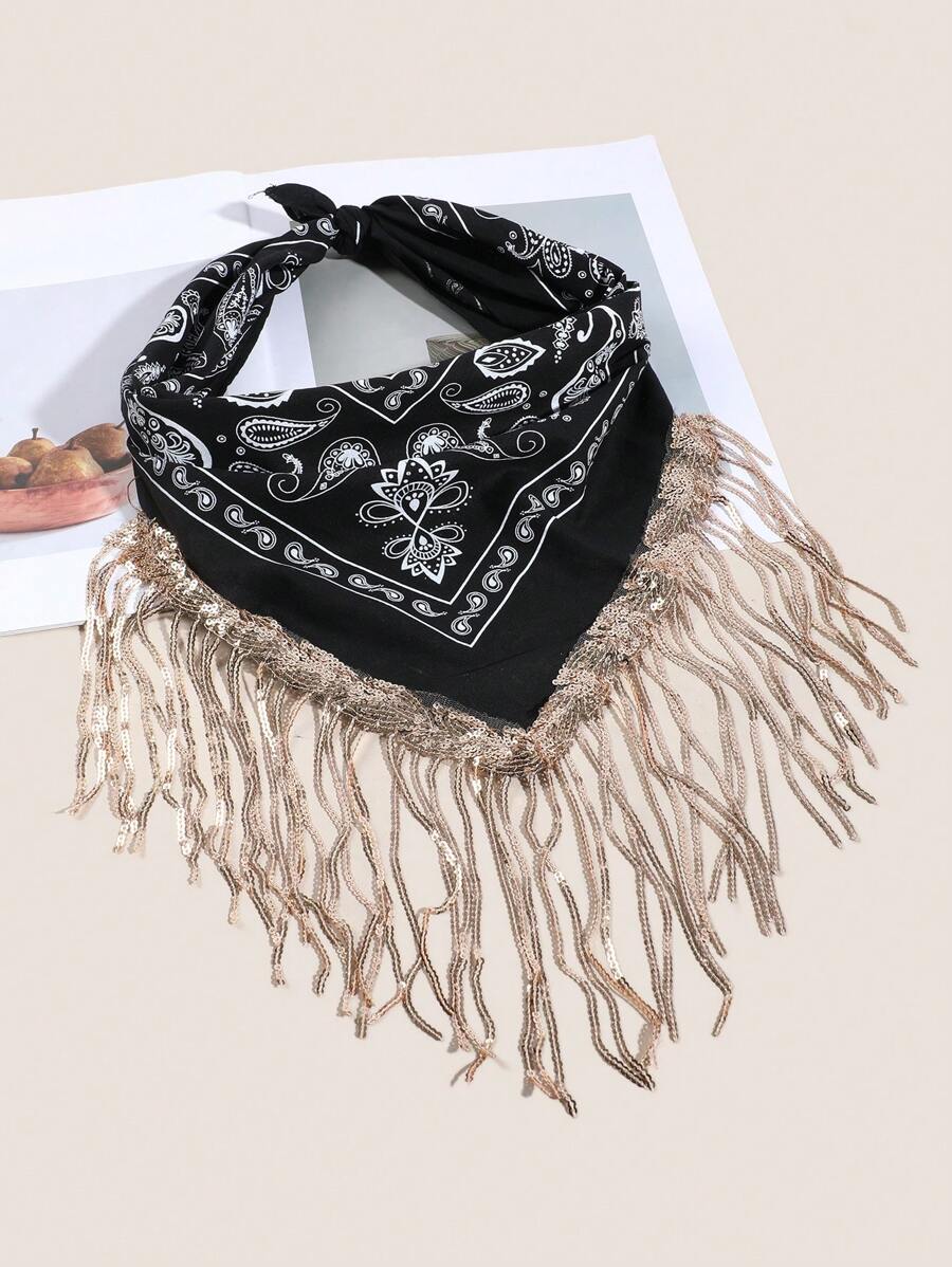 1buc Damă Casual Negru/Alb Motiv Paisley Auriu Paiete Ciucuri Bandana Eșarfă pătrată, Potrivită pentru călătorii, în aer liber și ținute zilnice, toamna de iarnă