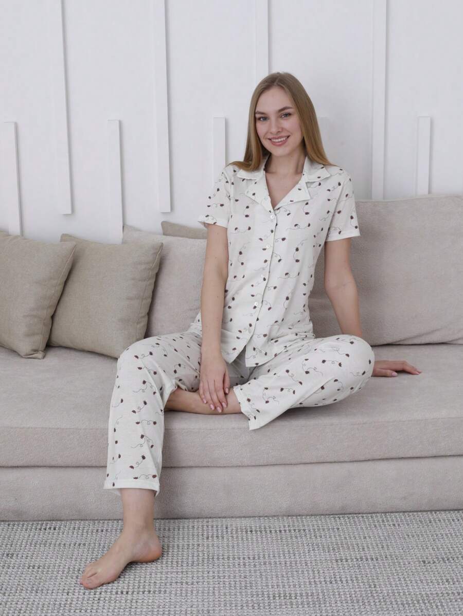 Mirano Women's Insect Print Lapel Neck Short Sleeve Single-Breasted Top And Pants Pajama Set - White - View 1