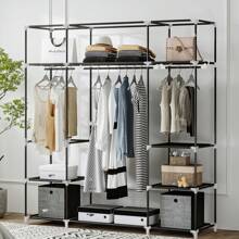 HEXCELEN Wardrobe, Freestanding Wardrobe, With Clothes Rails, Coat Stand, Fabric Shelves, Metal Frame, 3 Clothes Rails With 9 Compartments, 43 X 162 X 176cm - 黑色 - 查看 1