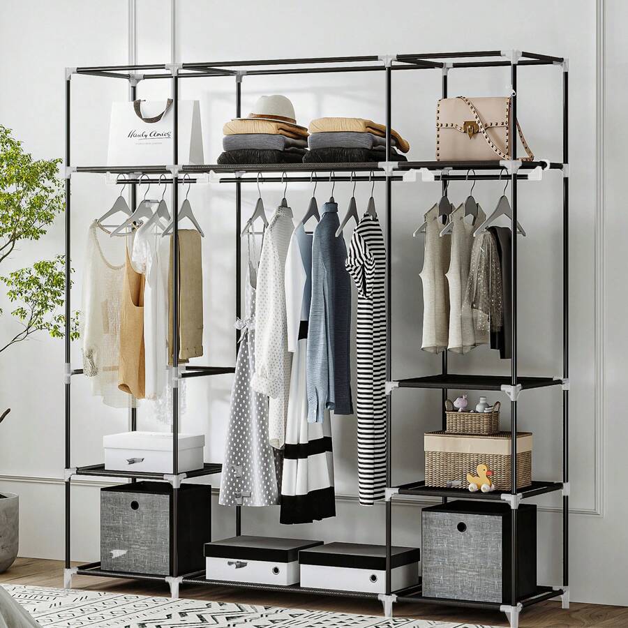 HEXCELEN Wardrobe, Freestanding Wardrobe, With Clothes Rails, Coat Stand, Fabric Shelves, Metal Frame, 3 Clothes Rails With 9 Compartments, 43 X 162 X 176cm - 黑色 - 查看 1