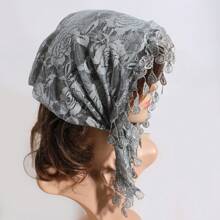 1pc Women Flower Jacquard Lace Fringe Triangle Scarf/Bandana, Suitable For Casual Wear, Outdoor, Home, Gift - Flowers - View 4