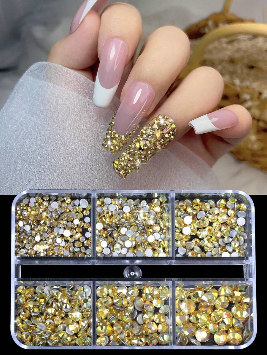 6 格套装指甲装饰混合尺寸指甲钻石平底水钻胶水钻 DIY 闪亮贴纸皮肤非热修复水晶