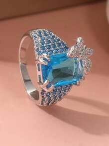 Luxurious Marine Blue Square Geometry Exquisite Synthetic Zirconia Rings, 3D Butterfly Designs, Exquisite Men's And Women's Rings For Banquet Parties, Cocktail Parties, And Other Events - Silver - View 4