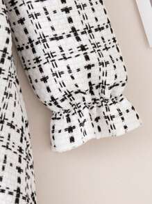 春夏女婴可爱黑白格子荷叶边领蝴蝶结连衣裙和贝雷帽套装，适合派对和外出 - 黑色 - 查看 5