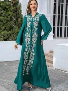Plus Size Muslim Middle East Long Robe Dress, Abaya Embroidery Sequin Robe, Dubai Women Robe - Green - View 4