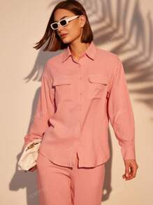 Crinkled Two Pocket Shirt & Pants 2 Pcs Set Women Pink Loungewear
