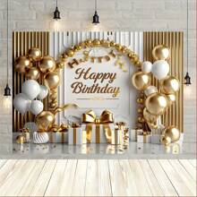 Versatile Happy Birthday Banner With Golden & White Balloons And Big Bow - Perfect For Princess Parties, Bachelorette Celebrations & Photo Backdrops, Background, Photography Decorations