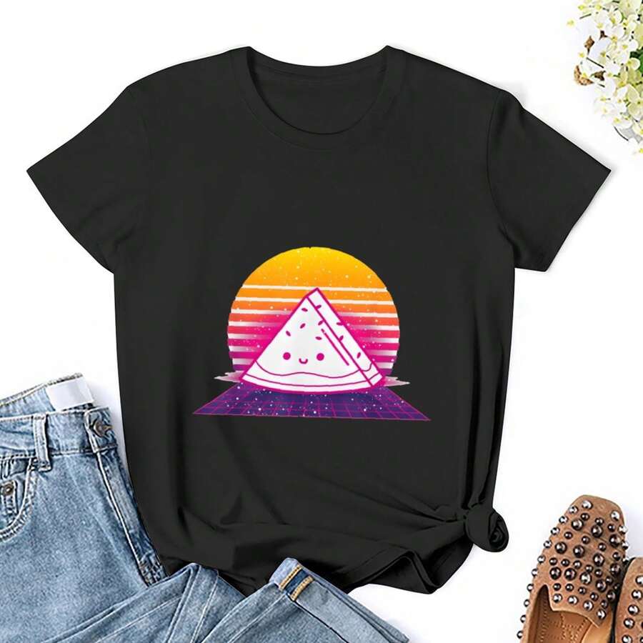 Women Tropical Summer Fruit 80s Retro Synthwave Sunset Watermelon T-Shirt T Shirts Shirt Short Sleeves T Shirt Casual T Shirts Novelty Shirt Graphic Tees Clothes Top - Black - View 1