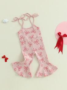Toddler Girls Summer Overalls Jumpsuit Bow Printed Sleeveless Tie-Up Flare Pants Romper - Pink - View 2