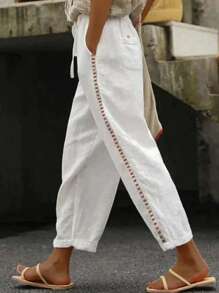 Women White Pockets Elastic Waist Crop Pants For Spring/Summer - trắng - Xem 2