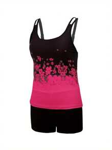 2Pcs Women Summer Swimwear, Floral Strappy Padded Tank Tops + Solid Color Shorts Swimsuit for Girls, 6 Colors - Rosa Fucsia - Ver 4