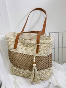 1pc New Fashionable Vacation Style Women Beach Tote Bag, Lightweight Handwoven Straw Shoulder Bag With Contrast Stripes, Tassel Decor, Casual Woven Handbag, Zipper Closure, Perfect For Holiday And Travel