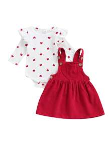 Baby Girls 2 Piece Suit Heart Pattern Ruffle Long Sleeve Round Neck Romper + Suspender Skirt - Red - View 8