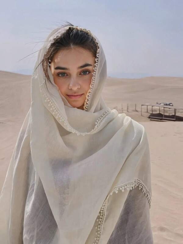 قطعة واحدة وشاح بوهو أحادي اللون خفيف الوزن ذو حواف دانتيل، لف الرأس الإسلامي، متنفس