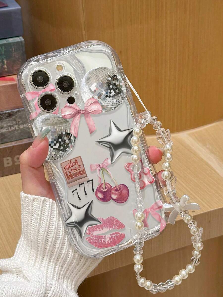 Lanyard Cartoon Lippen Muster transparente Creme Wellen Rand Kette einfache stoßfeste dicke Handyhülle geeignet für iPhone 16/16 Pro/16 Pro Max/16 Plus/15 XR/7/8, geeignet für Redmi 10, Redmi Note 114G, Redmi 11Lite A53tpuA14/A23/S23ULTRA S24 A14 A15 S23 A73, geeignet für Redmi Handyhülle