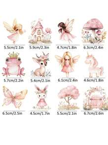 2张粉色魔法森林可爱森林仙子动物DIY UV DTF转印贴纸，适用于玻璃罐、咖啡杯、杯子、瓶子、花瓶、笔记本电脑、手机壳、卡片、插画、笔记本、计划本、工艺品、装饰品、礼品盒，防水贴纸，节日生日派对装饰 - 彩色 - 查看 3