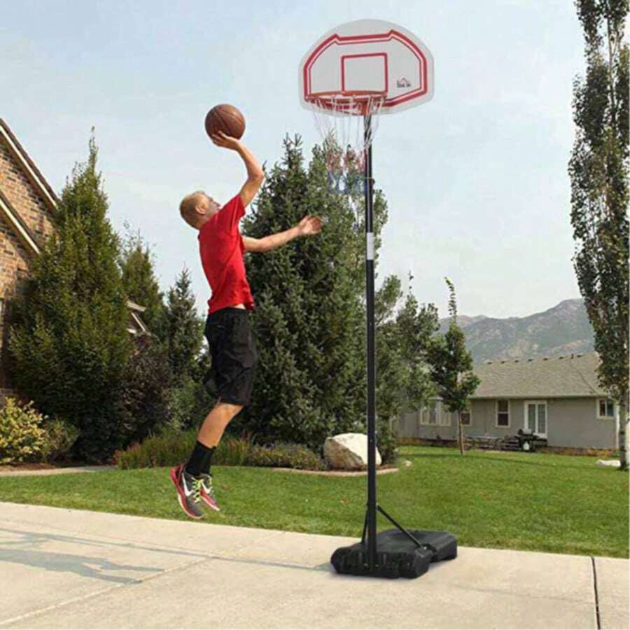 HOMCOM Canestro Basket ad Altezza Regolabile con Base Riempibile e 2 Ruote, Canestro da Basket in Acciaio, PE e HDPE, 70x45x258-314cm, Rosso - Rosso - Visualizzare 1