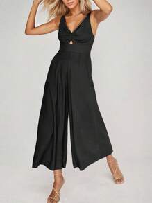 hoteel V-Neck Open Back Straight Jumpsuit With Front Cutout, Adjustable Spaghetti Straps, Pleats At Back Waist, Hidden Pockets - Black - View 3