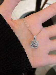 925 Sterling Silver Square Rhinestone Pendant Necklace For Women, Delicate Dainty Choker Necklace, Design, Versatile - Necklace - View 1