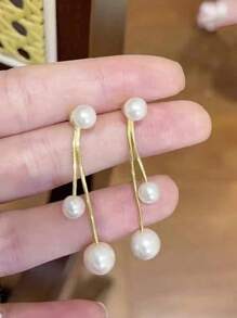 1 对法式珍珠和流苏吊坠耳环，优雅高端精致优质女士耳环，新品 - 金色 - 查看 5