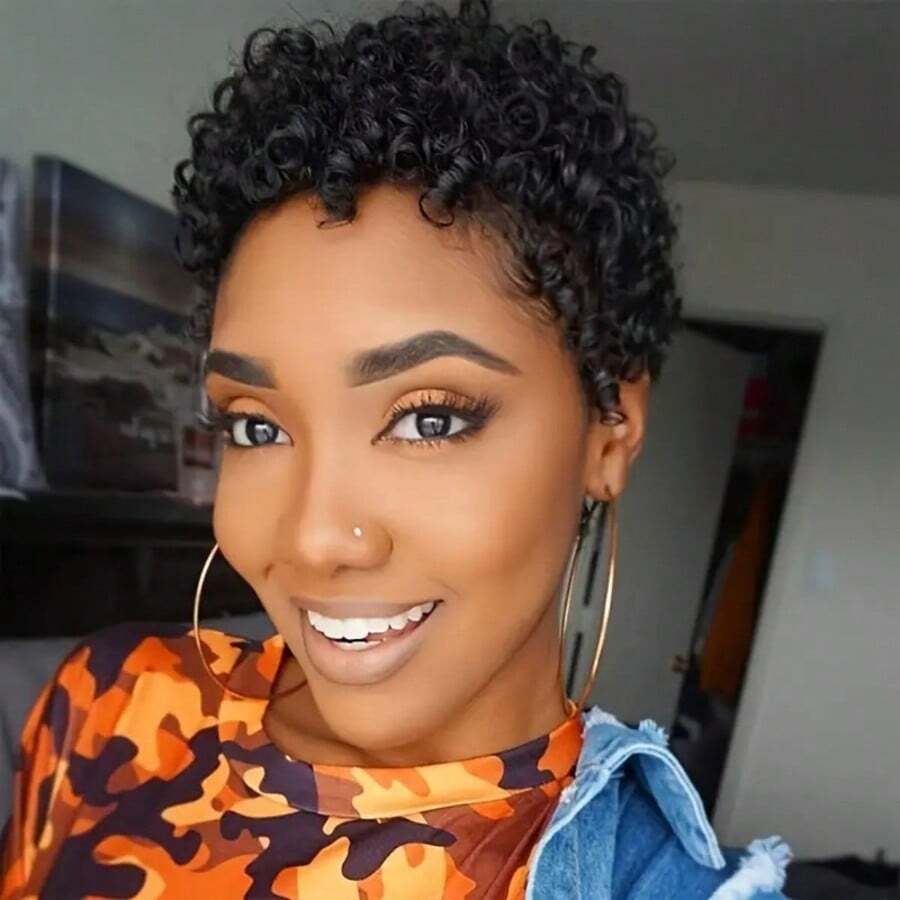 Peluca corta y rizada de cabello humano sin pegamento, corte pixie de cabello brasileño Remy, peluca corta de cabello humano rizado y encrespado para mujeres, fabricada a máquina sin pegamento, adecuada para uso diario y festivales