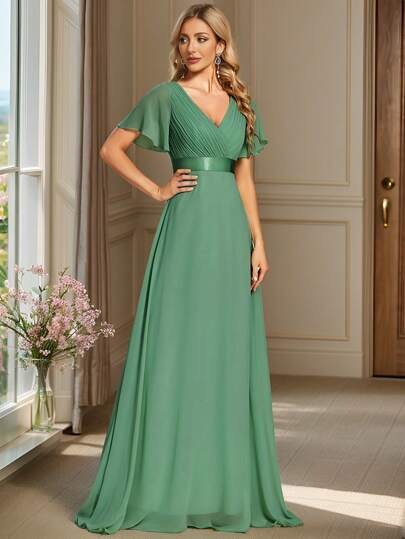 فستان وصيفة العروس أنيق بياقة على شكل حرف V مطوي مع أكمام على شكل فراشة باللون الأخضر، فستان ضيف الزفاف للزفاف في فصل الخريف، فستان شبه رسمي
