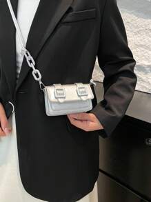 Bolso Bandolera Mini con Correa de Cadena Acrílica para Labial - Plateado - Ver 3