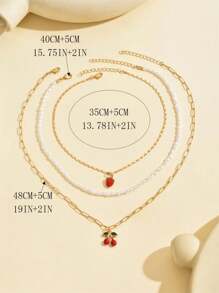 Bộ 3 chiếc/bộ dây chuyền mặt hình quả dâu tây và quả anh đào tráng men dễ thương, vòng cổ choker nhiều lớp đính hạt thủ công, thích hợp để đeo hàng ngày, đi biển, tiệc tùng, hẹn hò, lễ hội âm nhạc - Dâu+anh đào - Xem 4