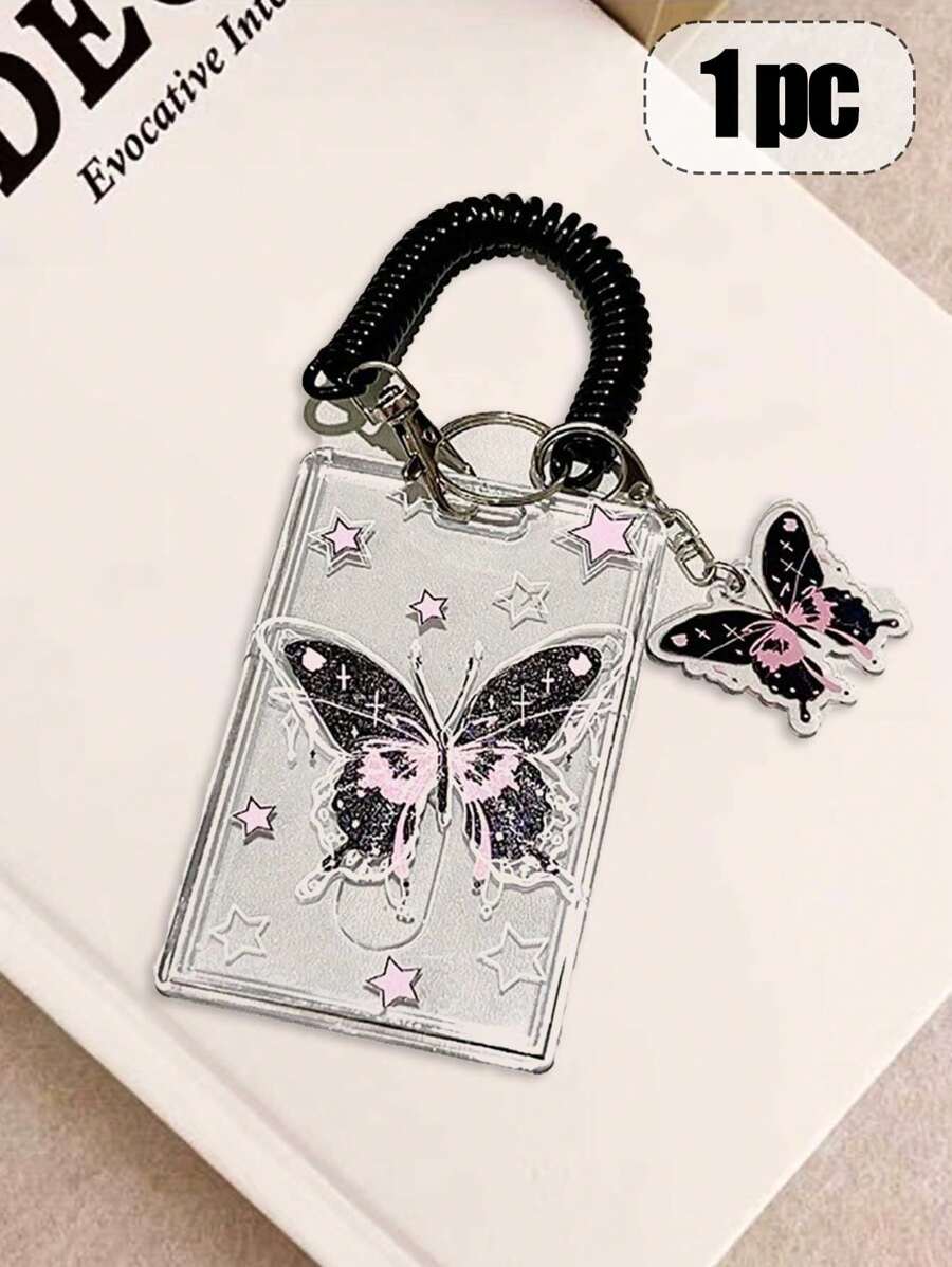 حامل بطاقات أعمال أكريليك أسود بتصميم فراشة و-نجمة، مع سلسلة مفاتيح رياسية، يستخدم لالتقاط الصور وتخزين البطاقات، حامل بطاقات أعمال لعيد الحب، محفظة حامل بطاقات أعمال، حامل بطاقات ائتمان، حامل بطاقة هوية