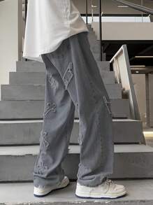 Men's Distressed Lightning Embroidered Grey Denim Jeans