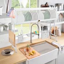 Two-Tier Dish Rack On The Sink, Multi-Purpose Shelf With Cutting Board Holder, Chopstick Holder, Knife Holder And Soap Dish, Carbon Steel Sink Organizer With Additional Baskets, 65x30x78cm / 75x30x78cm, Black / White