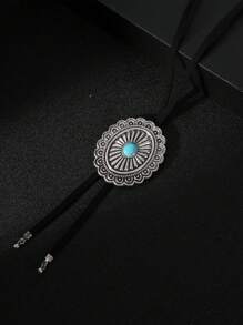 Retro Turquoise Flower Metal & Leather Long Necklace, Unisex Minimalistic Design