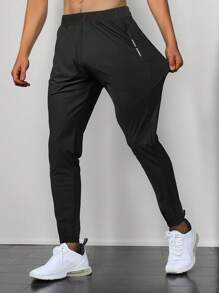 1pc Boys/Teens Casual Outdoor Sports Washable Loose Fit Versatile Ice Silk Thin High Elastic Comfortable Zipper Pocket Drawstring Pants, Suitable For Spring, Summer, Autumn, Winter - 黑色 - 查看 1