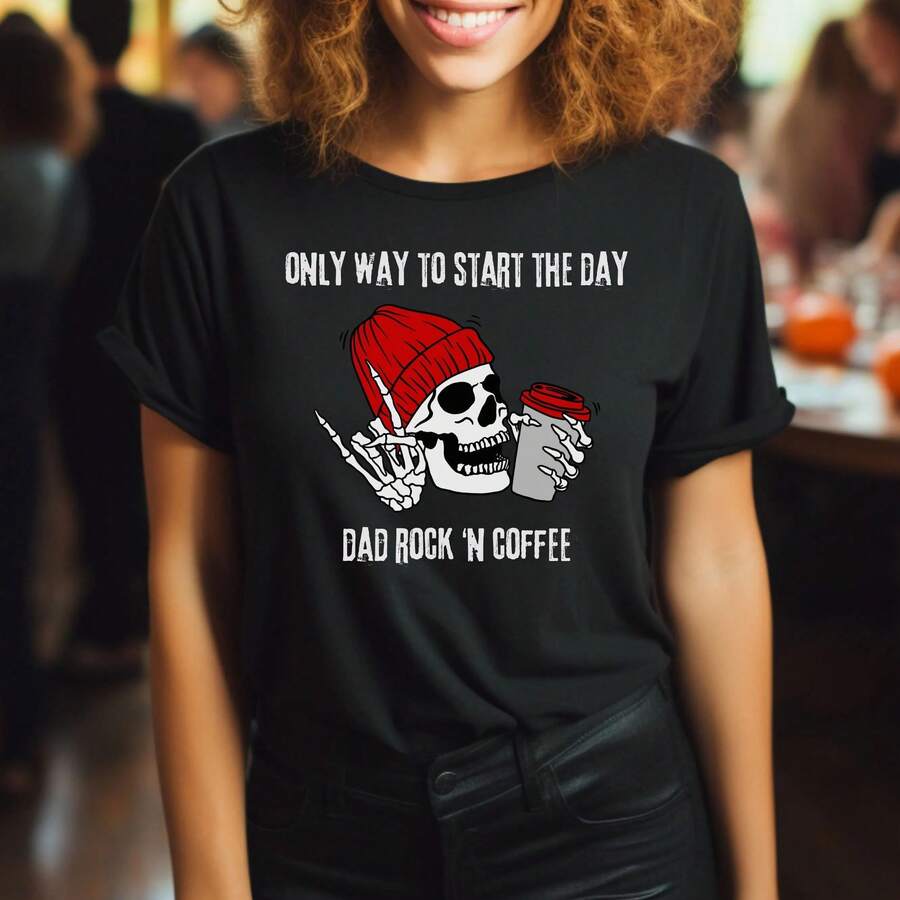 Dad Rock And Coffee T Shirt Fathers Christmas Rocker Metal 'N Roll Band Crew For - Black - View 1