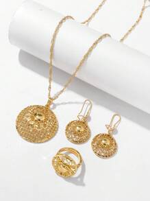 新品复古镀金项链、耳环和戒指套装，镂空制作节日庆典新娘首饰 - 鏤空花 - 查看 6