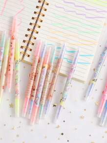 6pcs Cartoon Unicorn, Cat, Bear Fluorescent Highlighters, Dual-Tip Colored Pens For Student Drawing, Writing, Kids Gift