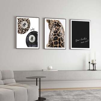 1/3 pezzi di stampe su tela di arte murale a tema leopardo/ghepardo con stampa della palla 8, opera d'arte in bianco e nero, stile preppy di lusso per decorazione di camera da letto, soggiorno o dormitorio, senza cornice