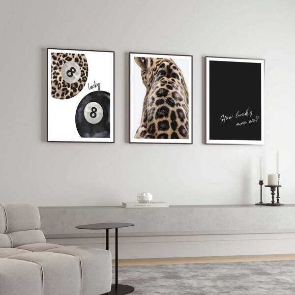 1/3pcs Leopard Cheetah Wall Art Picture 8 Ball Lucky Canvas Prints Paintings Black And White Poster Preppy Luxury Decor For Bedroom, Living Room, Or Dorm Wall Decor Unframed