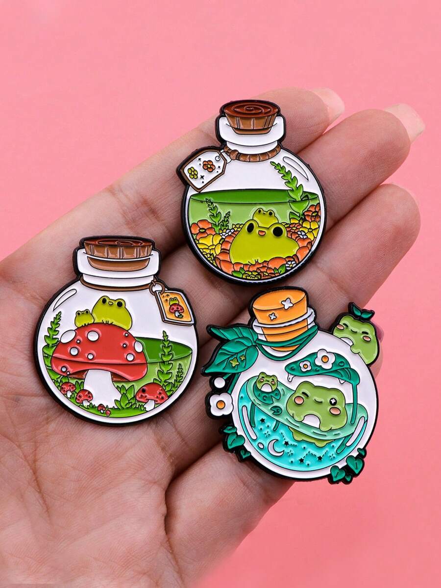 3Pcs The Frog In The Bottle Enamel Pins Cute Brooches Badge Lapel Pin For Backpack Clothes Accessories Animal Jewelry Birthday Gifts - Multicolor - View 1