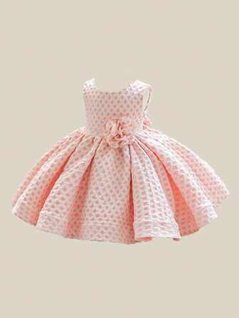 年轻女孩纯色网眼拼布花卉贴花派对公主裙