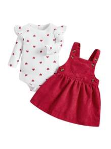 Baby Girls 2 Piece Suit Heart Pattern Ruffle Long Sleeve Round Neck Romper + Suspender Skirt - Red - View 9