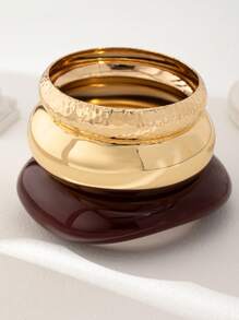 3pcs/Set Women's Chunky Bracelet Set, Metal Wheel Bracelet And Resin Bracelet, Exaggerated Stacked Bracelet Set (Random Resin Color) - Multicolor - View 3