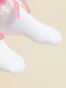 1双棉质儿童蕾丝格子蝴蝶结荷叶边舞蹈公主时尚百搭派对袜 - 白色 - 查看 3